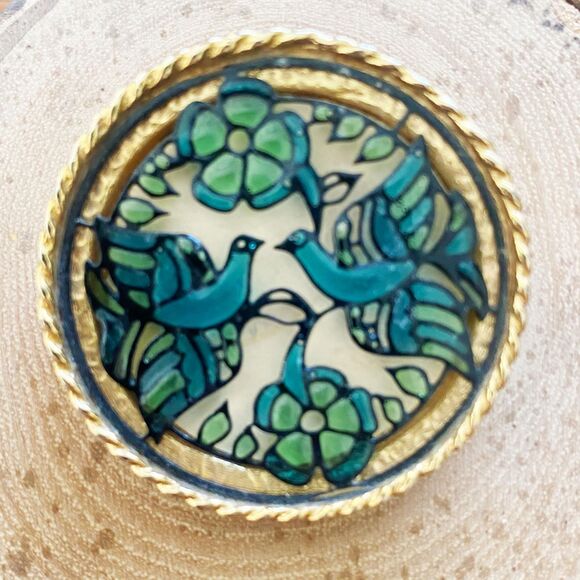 Vintage Green Blue Round Faux Plique-à-Jour Overlay Shadow Box Pin Brooch - Picture 2 of 5